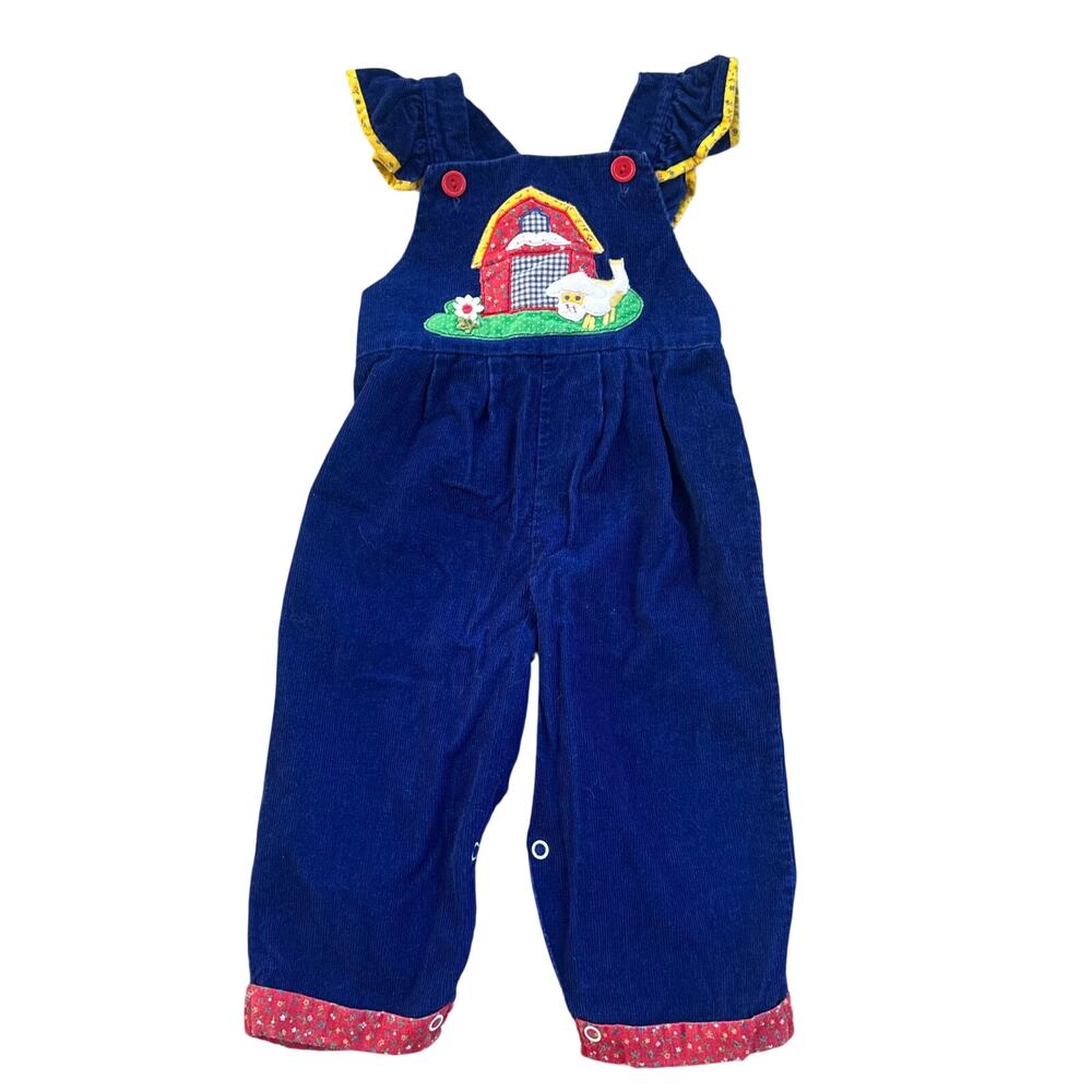 Vtg 1980s Farm Scene Barn Navy Corduroy Overalls Sz 18M